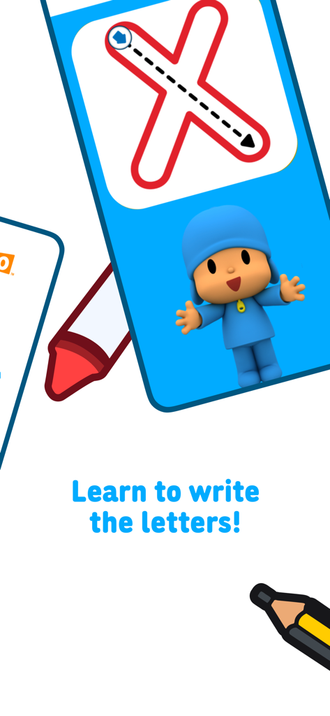 Personaje de Pocoyó mostrando un ejercicio de trazado de letras para la letra X en la app de aprendizaje del abecedario