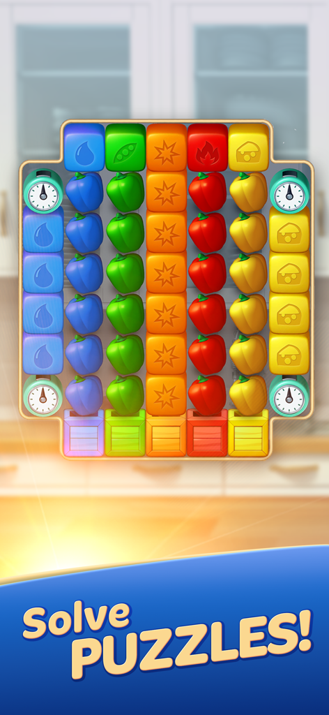 Gordon Ramsay: Chef Blast - A vibrant blast puzzle grid featuring food themed cubes and a Solve Puzzles call to action in Gordon Ramsay Chef Blast.