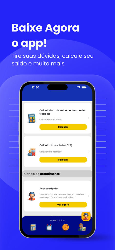 Meu FGTS | Consulta Saque 2026 - Teléfono inteligente que muestra la aplicación Meu FGTS con calculadoras de terminación CLT y saldo de tiempo de trabajo