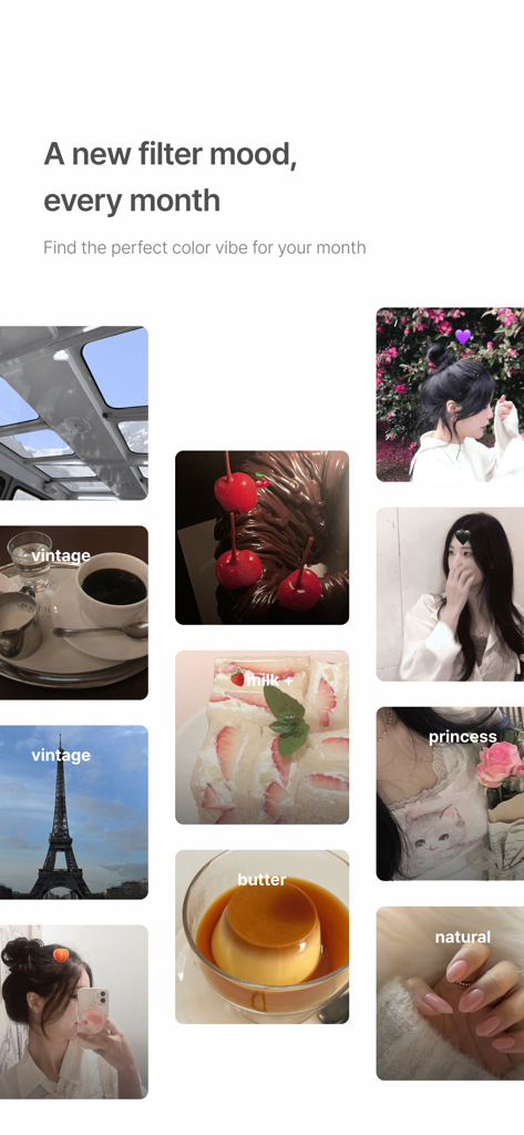 BerryFilm - Korean Style Cam - A collage of soft aesthetic photos showcasing various Korean style filters including vintage, milk, and butter tones.