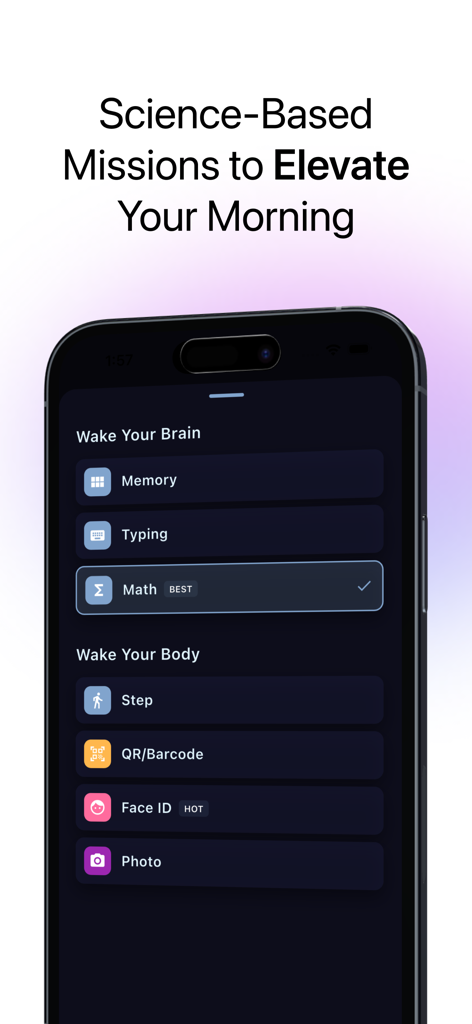 Snoozers: The End of Snoozing - Snoozers app screen showing cognitive and physical wake-up missions like math and memory puzzles.