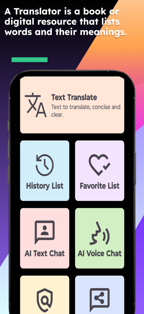 Main menu of the English Tok Pisin Translator app showing text translation history favorite list and AI chat features