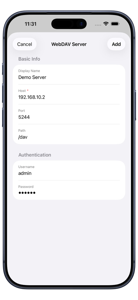 Pantalla de configuración del servidor WebDAV en DAV Player que muestra los campos de host y autenticación