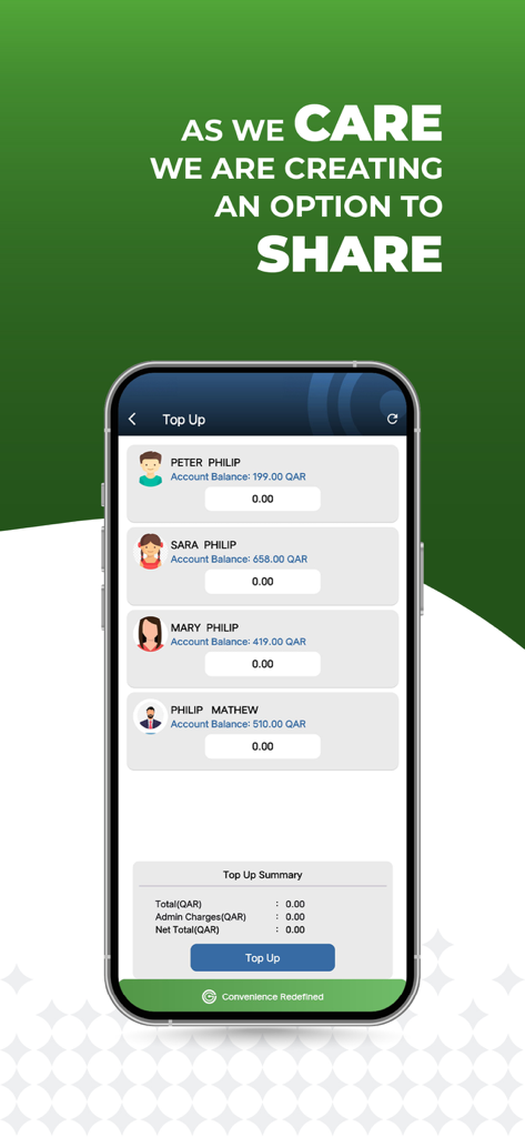 Genio - Genio mobile app interface for topping up account balances for multiple family members