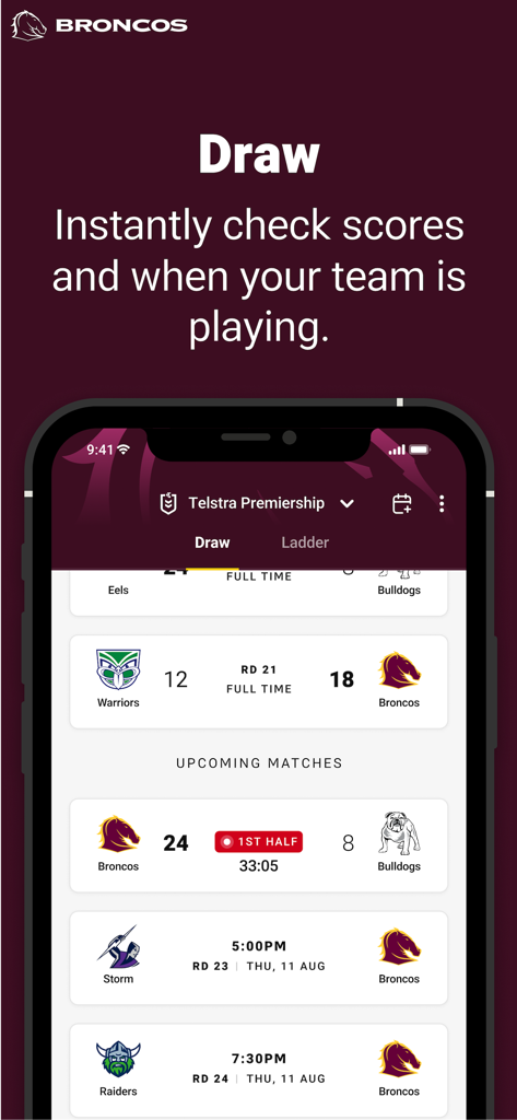 Brisbane Broncos - Brisbane Broncos app match schedule and scores screen