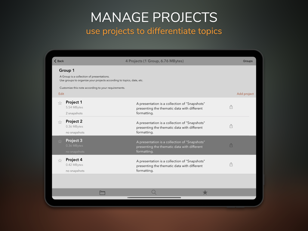 Thematics+ for Infographics - Thematics Plus App Projektverwaltungsbildschirm auf dem iPad, der eine Liste organisierter Infografik-Kartenprojekte anzeigt