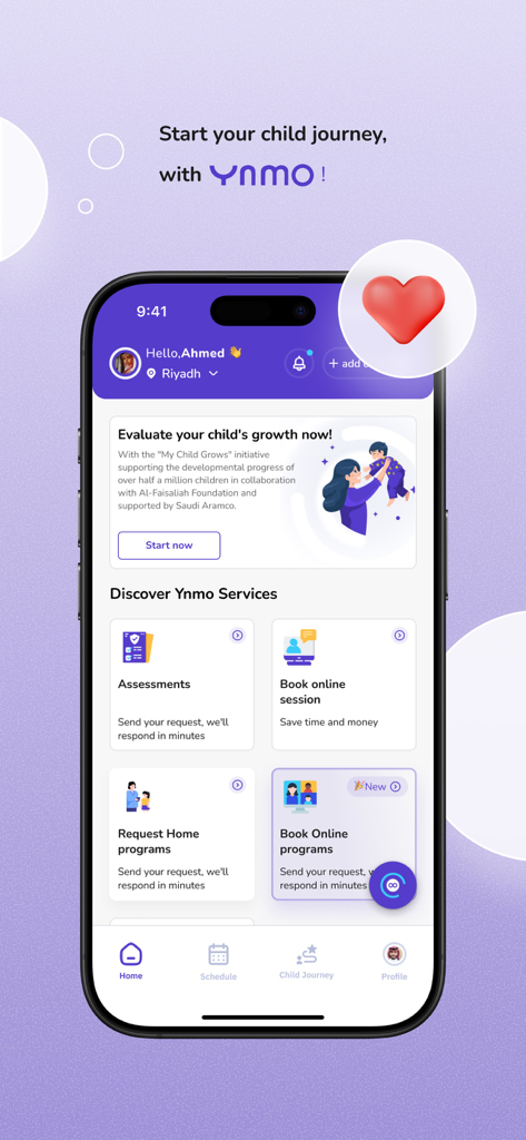 Ynmo - Tifli - Ynmo Tifli app home screen displaying child growth assessment and online therapy booking services.