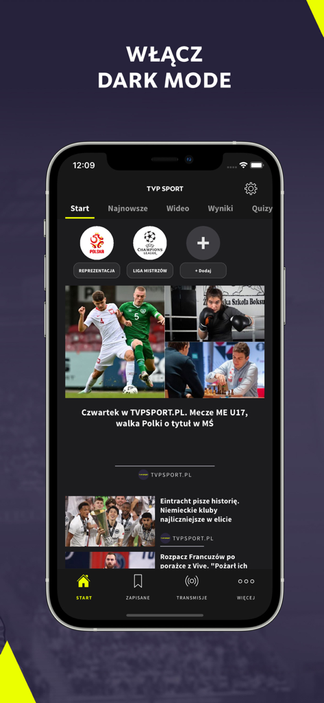 TVP Sport mobile app interface in dark mode featuring sports news and polish national team categories