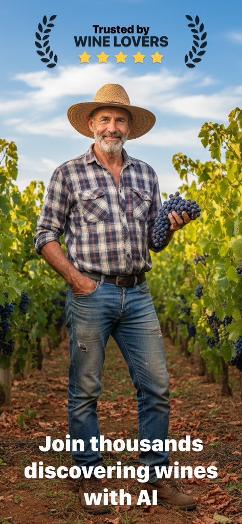 A winemaker holding a bunch of grapes in a vineyard with text saying Trusted by Wine Lovers and Join thousands discovering wines with AI