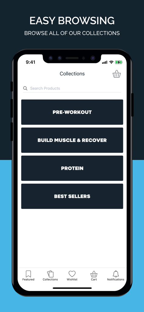 Schermata delle collezioni dell'app Transparent Labs che mostra categorie di integratori come proteine e pre-workout