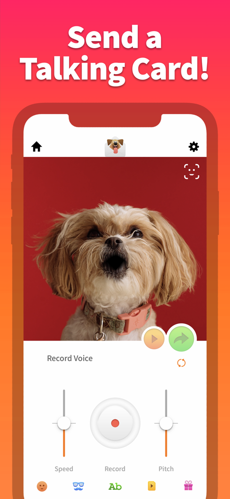 Pet Animator - Send eCards - Interface of the Pet Animator app featuring a talking dog and voice recording controls for speed and pitch