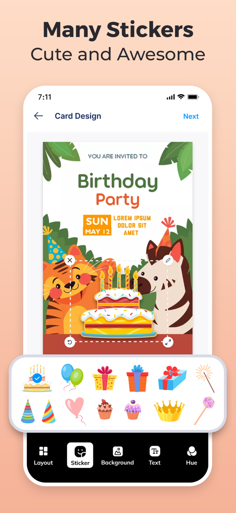 Invitation Maker - Invites4U - 귀여운 동물과 파티 테마 스티커 선택이 있는 생일 초대장 디자인을 보여주는 Invites4U 앱 인터페이스