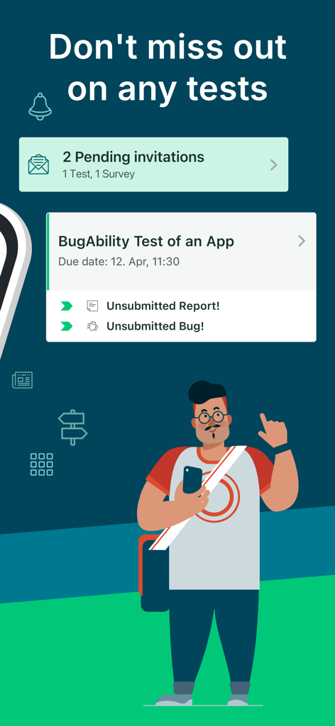 Testbirds Companion - Interfaz de la app Testbirds Companion mostrando invitaciones de prueba pendientes y recordatorios de informes de errores.