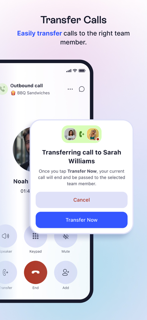 LinkedPhone app screen showing how to easily transfer a business call to a team member
