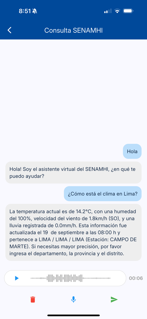 SENAMHI PERU Móvil - SENAMHI app virtual assistant providing weather information for Lima Peru
