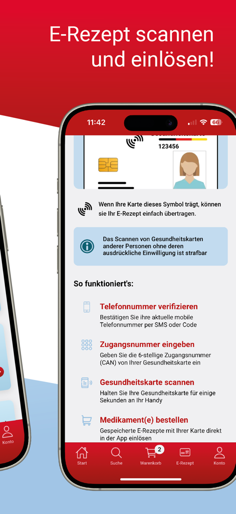 Mobile Benutzeroberfläche, die den Schritt-für-Schritt-Prozess zum Scannen und Einlösen eines deutschen E-Rezepts in der Mediherz-App zeigt