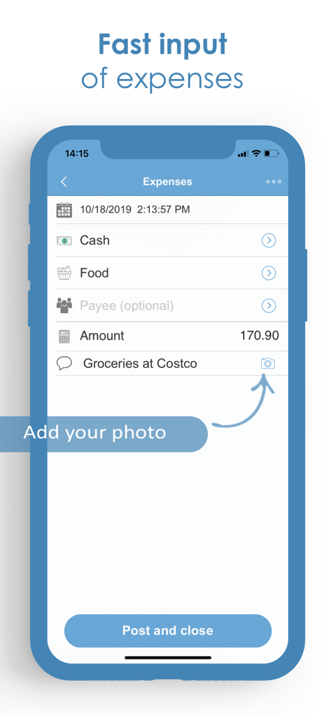 Manual expense entry screen in the Budget app showing fields for amount and receipt photo upload