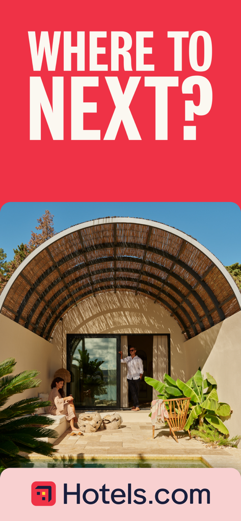 Écran promotionnel Hotels.com présentant une suite d'hôtel de luxe et la question Où ensuite