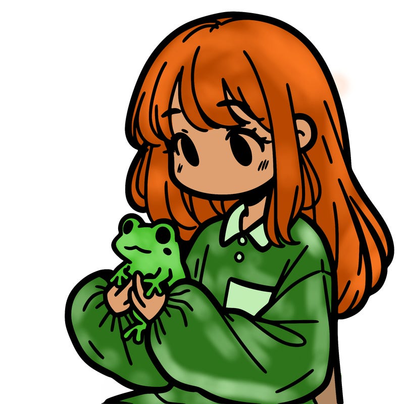 girl with long hair and a oversized shirt. and she is holding a frog
