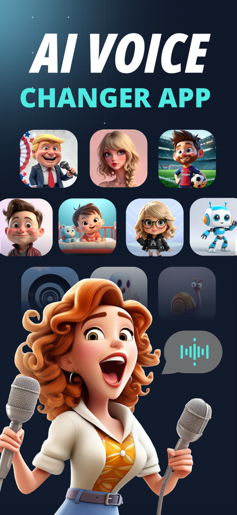 AI Voice Changer app screen showing celebrity and character voice options with a cartoon character holding microphones
