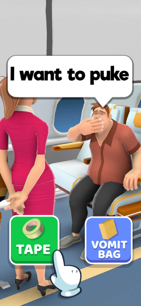 Hyper Hostess - Hyper Hostess gameplay showing a flight attendant choosing between tape and a vomit bag for a sick passenger