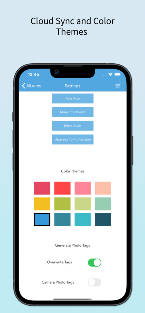 Photo Album Cloud Vault app settings screen showing a variety of color themes and photo tagging options on an iPhone.