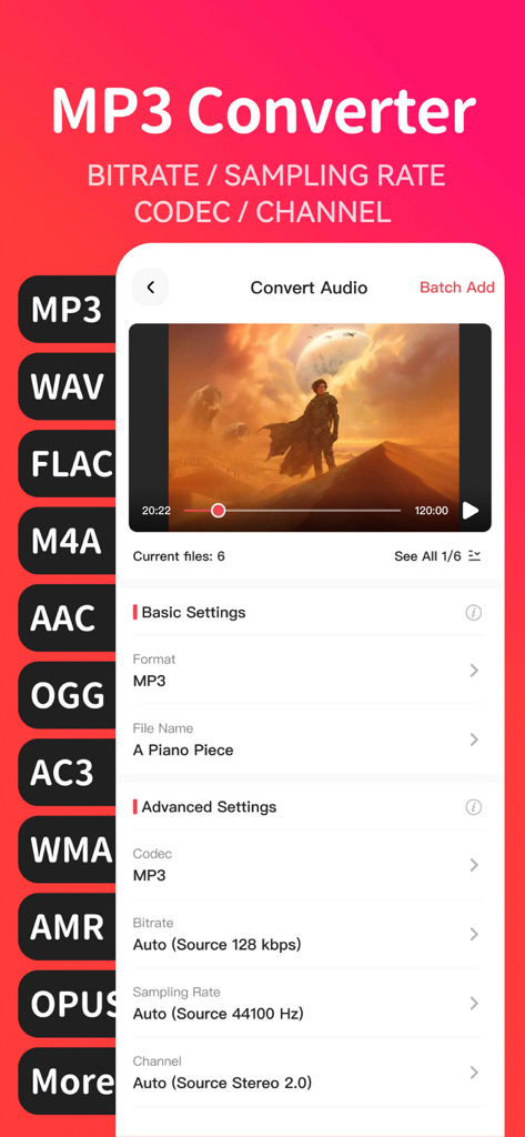 MP3 Converter - video2mp3 - MP3 Converter app interface showing advanced audio settings for bitrate sampling rate and various file formats