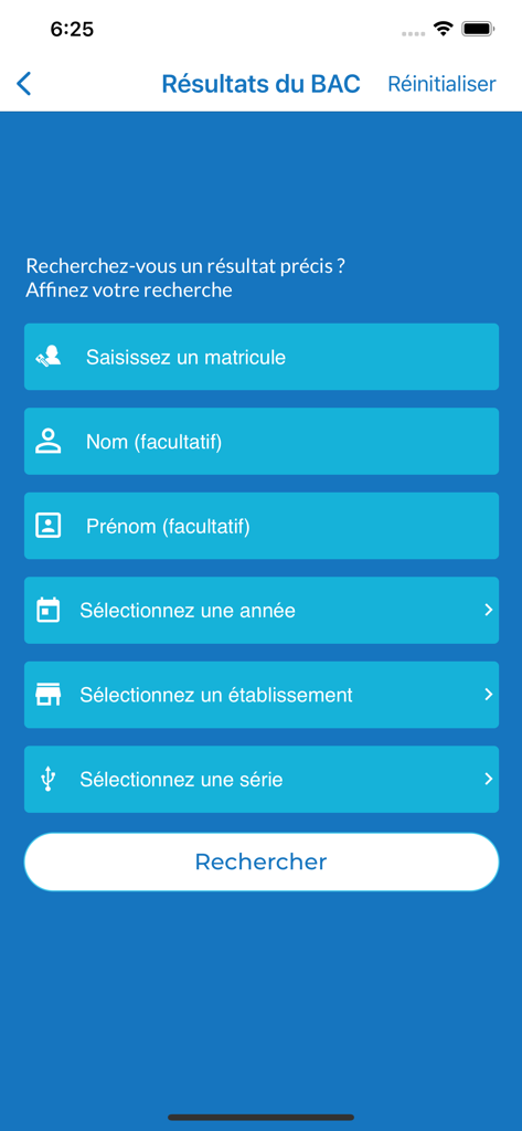 digiDEC - Search interface for Bac results in the digiDEC app featuring fields for registration number, name, and year