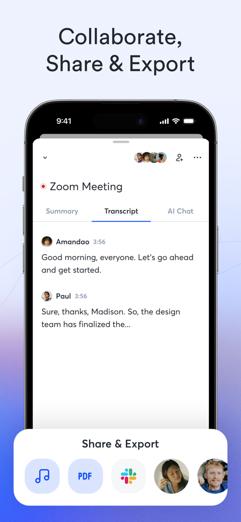 Otter.aiのモバイルスクリーンショット。Zoom会議の文字起こしを表示し、共同作業、PDFとしての共有、Slackへのエクスポートオプションがあります。
