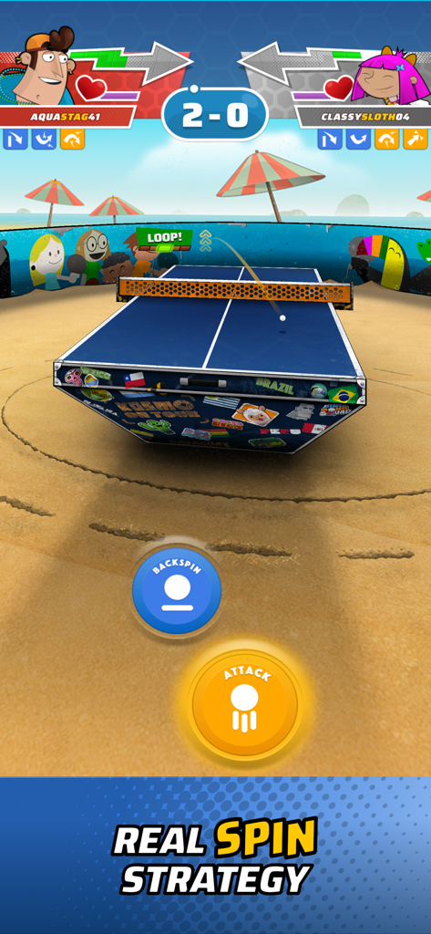 Ping Pong Squad - Ping Pong Squad gameplay showing a match on a beach arena with spin and attack buttons