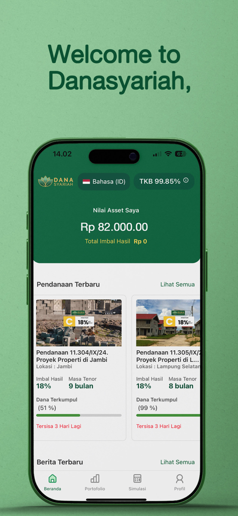 Dana Syariah - Dana Syariah mobile app dashboard displaying property investment opportunities and user asset balance