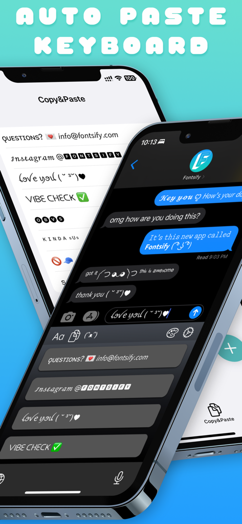 Custom Keyboard Fonts Fontsify - Teclado personalizado que muestra la función de autopasta con estilos de fuente y kaomojis en una pantalla de chat