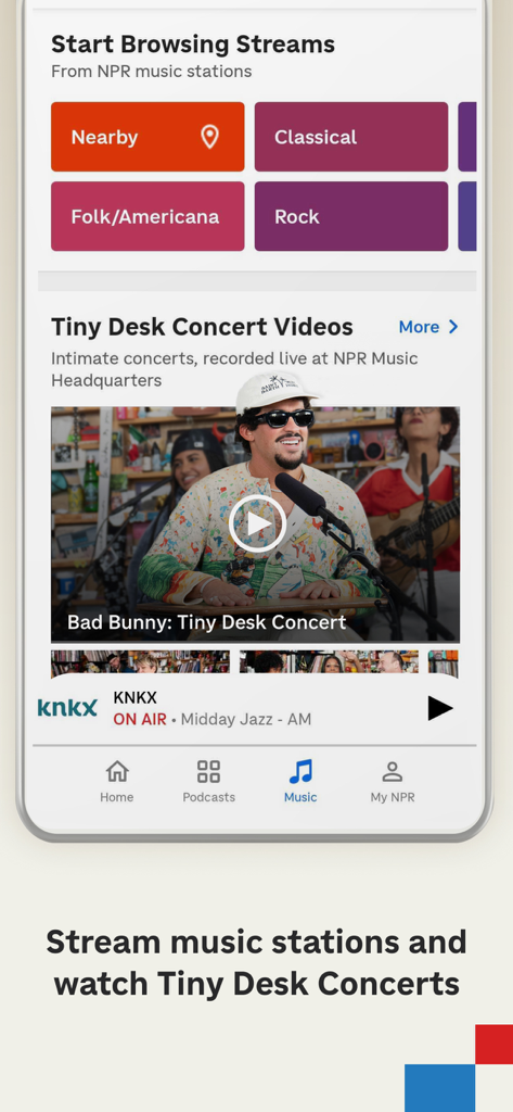 Interface of the NPR app featuring music station streams and Tiny Desk Concert videos