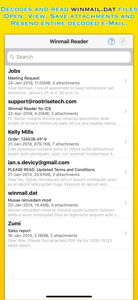 Screenshot der Winmail Reader App-Oberfläche, die eine Liste dekodierter winmail dat-Dateien und Anhänge zeigt.