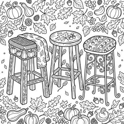 Step into the cozy comfort of autumn with this charming coloring page featuring three unique bar stools. Adorned with pumpkins, falling leaves, and harvest decorations, it's a delightful way to celebrate the fall season.