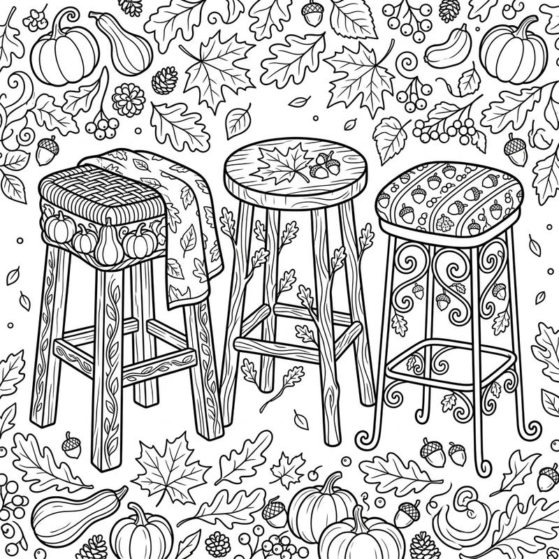 Step into the cozy comfort of autumn with this charming coloring page featuring three unique bar stools. Adorned with pumpkins, falling leaves, and harvest decorations, it's a delightful way to celebrate the fall season.