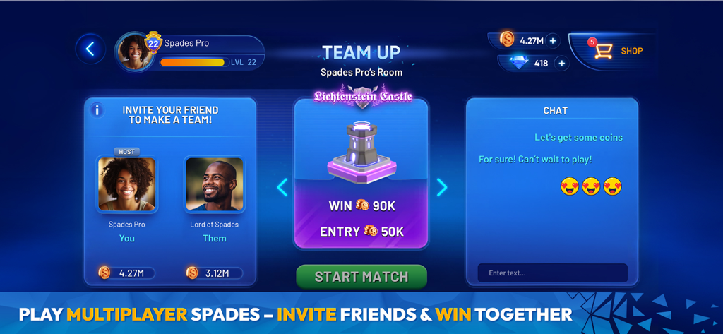 Two players teaming up in a Spades Masters multiplayer lobby with a chat window.