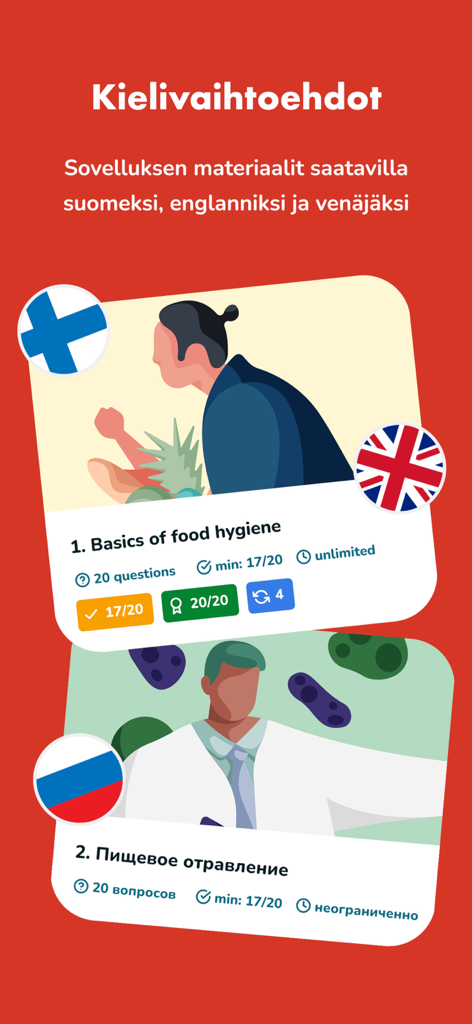 Trainify - Pantalla de la aplicación Trainify que muestra cursos de higiene alimentaria en varios idiomas, incluyendo inglés y ruso