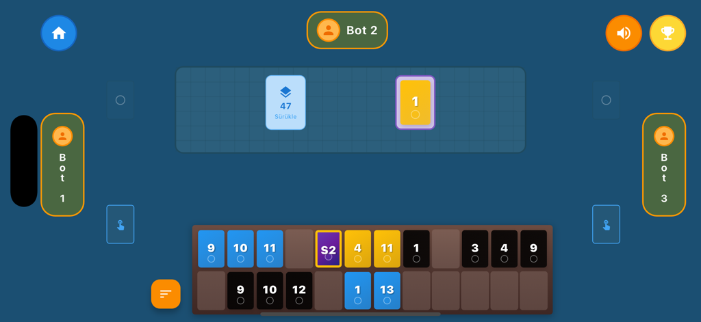 Kaptirik - Mobile gameplay screen of Kaptirik showing tile sets and bot opponents on a blue digital board