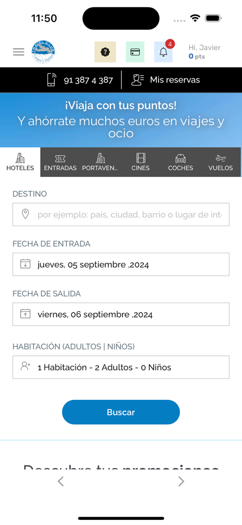 Interfaz de búsqueda de hoteles en la app Travel Club mostrando campos de selección de destino y fecha para reservar viajes con puntos de recompensa.