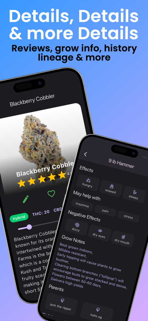 Screenshot of the Strain Guide app showing detailed information for cannabis strains including effects, grow notes, and genetic history.