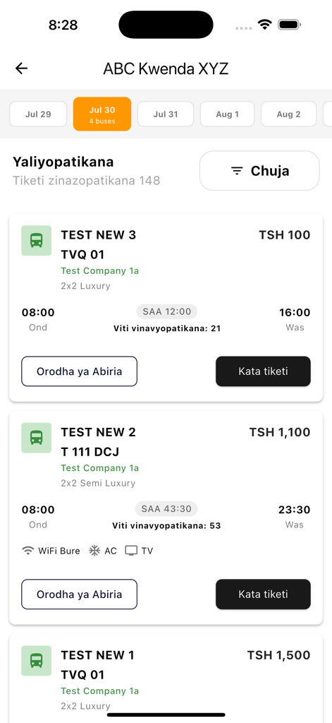 Obus - Mobile app interface showing bus travel schedules and ticket prices for agents