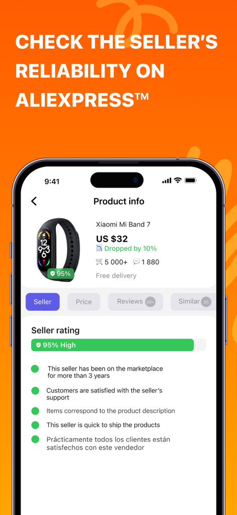Interfaz de la aplicación AliHelper que muestra una alta calificación de fiabilidad del vendedor y métricas de rendimiento detalladas para un producto de AliExpress