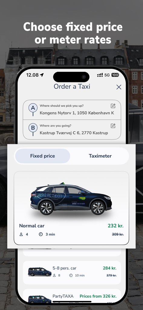 TAXA 4x35 - Easy taxi booking - TAXA 4x35 app interface showing fixed price and taximeter booking options for a taxi in Copenhagen