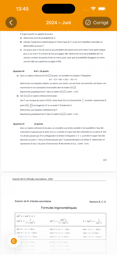 Questions d'examen de mathématiques et formules trigonométriques affichées dans l'application PREMIERE.LU.