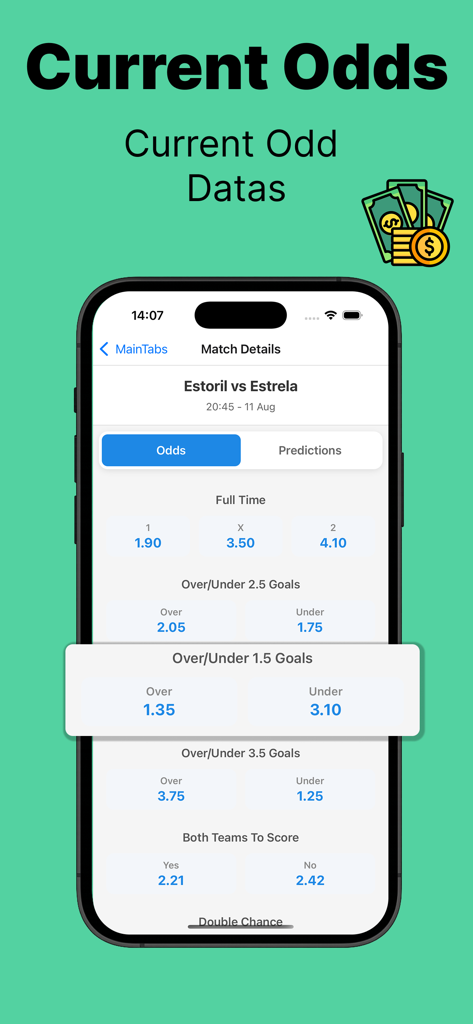 Sports Betting Prediction Tips - Mobile app interface displaying real-time betting odds for a soccer match featuring full time results and over under goals