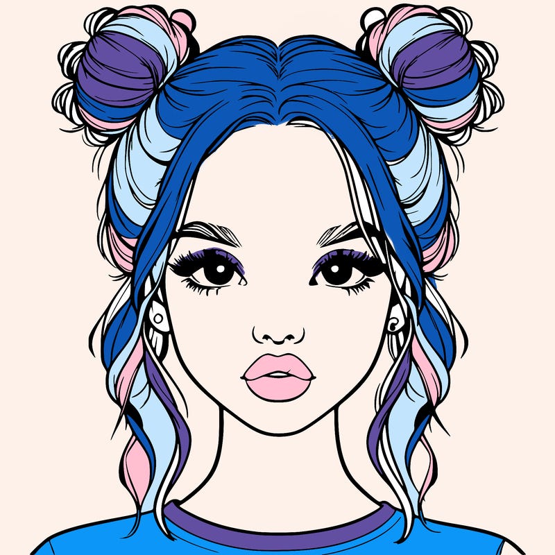 realistic girl with two buns in hair and lips