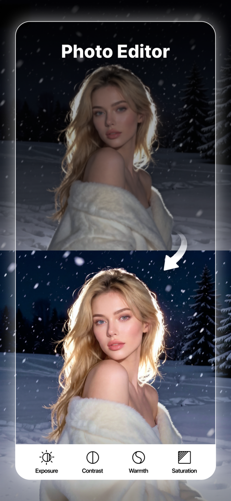 Object Removal AI - AI Retouch - 객체 제거 AI 앱에서 노출 및 대비 도구를 사용하여 사진 보정을 전후 비교