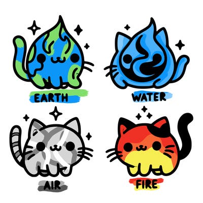 4 cats that represent the different elements, earth, water, air, and fire