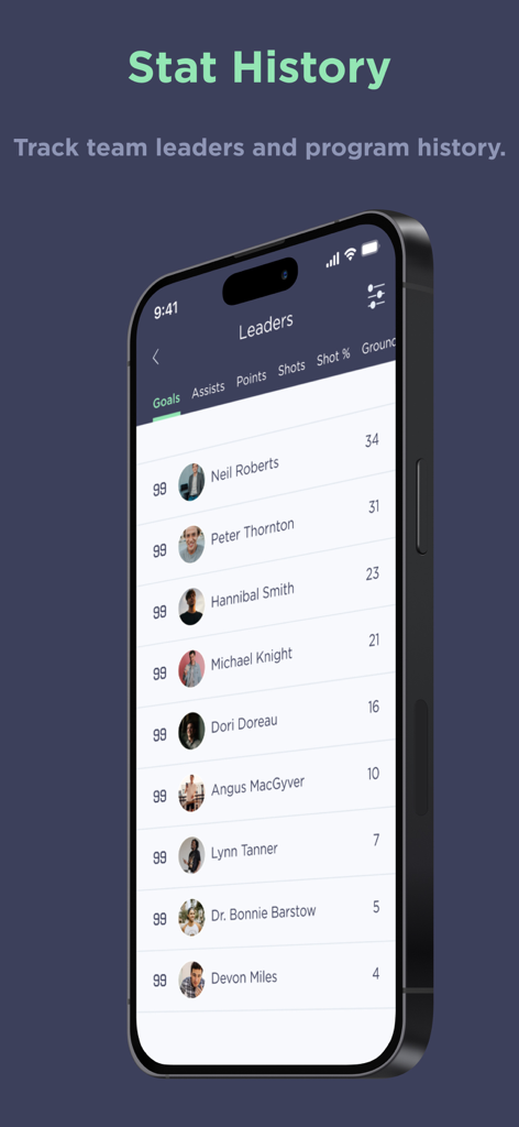 SquadProfile app screen displaying a leaderboard of lacrosse players and their goal statistics